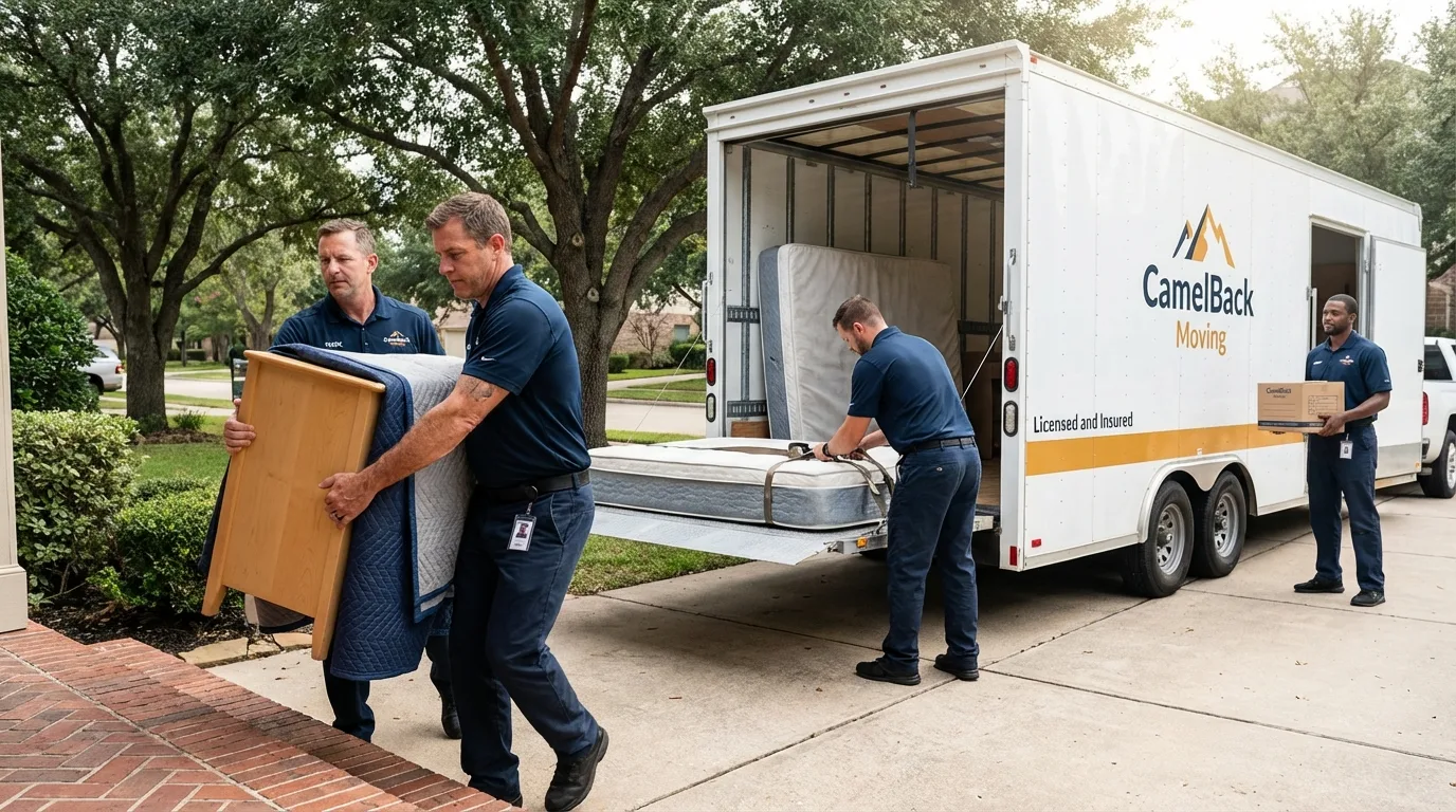 Crew loading residential truck for cross-state move from Churubusco, IN