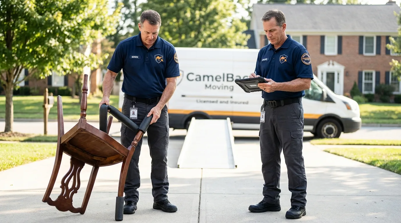 Movers inspecting furniture for damage prevention before loading in Churubusco, IN