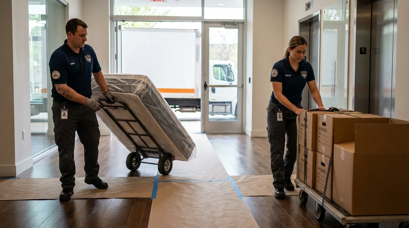 Professional apartment movers loading elevator in Churubusco, IN