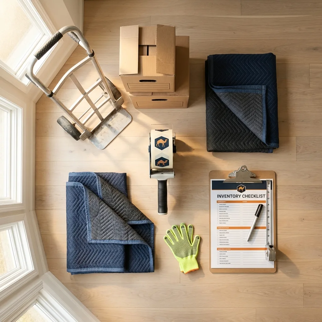 Professional moving supplies and packing materials layout for Churubusco residential relocations